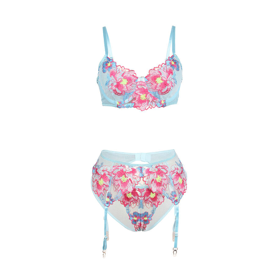SUBBLIME - 957650 EMBROIDERED ROSE FLOWERS BRA AND GARTER BELT SET L/XL