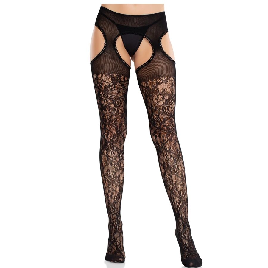 LEG AVENUE - LACE FLORAL THIGH HIGHS WITH GARTER BELT UNITED BLACK