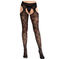 LEG AVENUE - LACE FLORAL THIGH HIGHS WITH GARTER BELT UNITED BLACK