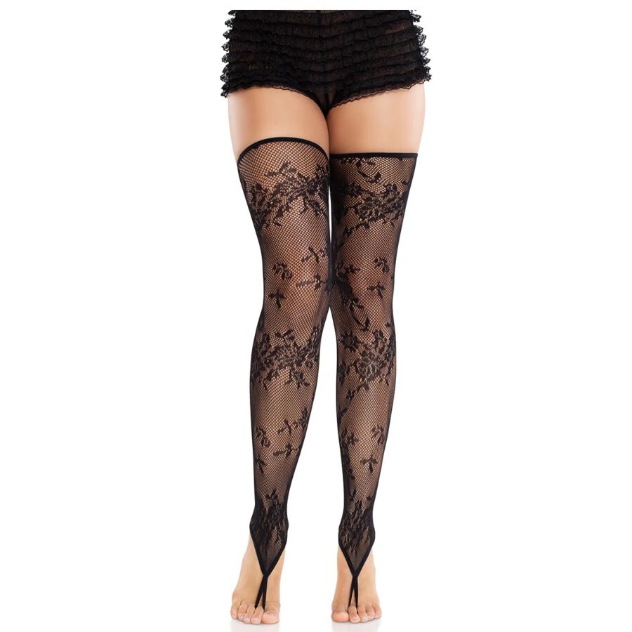 LEG AVENUE - BLACK FLORAL LACE FOOTLESS TIGHTS