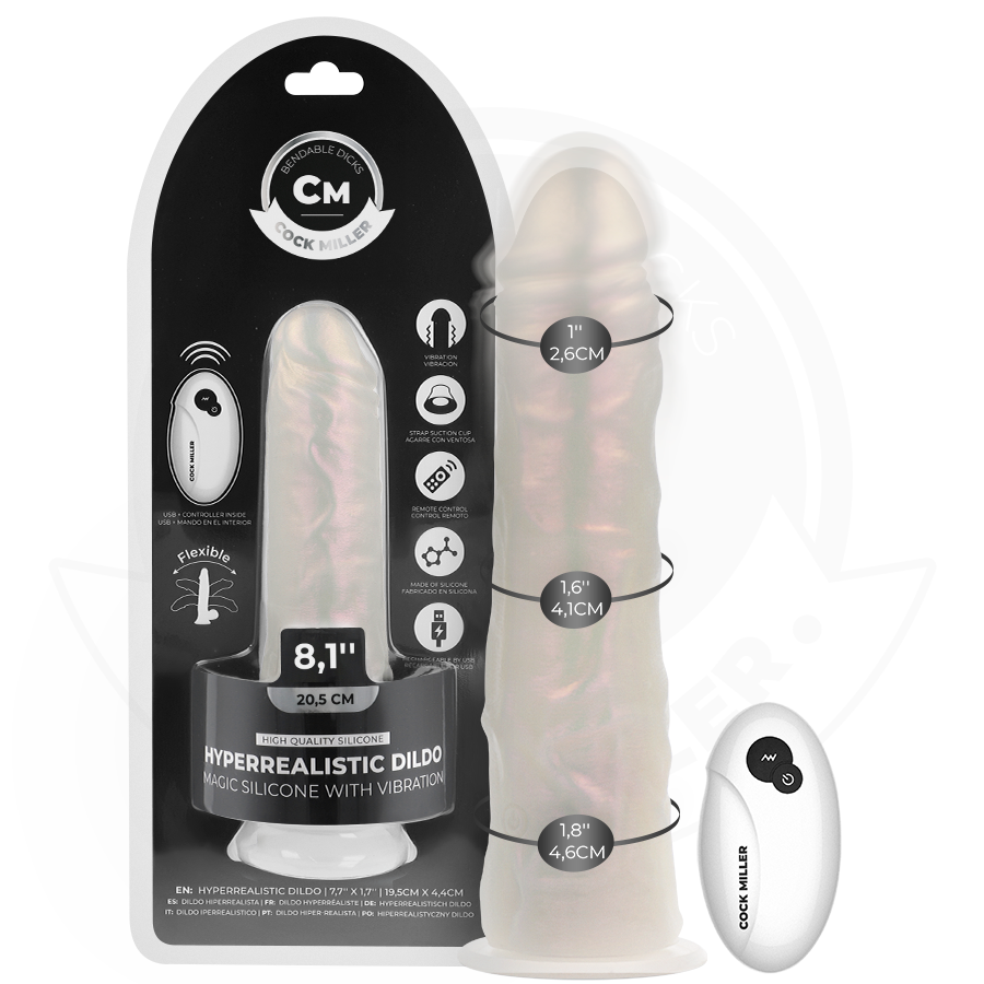 COCK MILLER - DILDO WITH SUCTION CUP, LIGHTS, AND VIBRATIONS WITH REMOTE CONTROL WHITE 20.5 CM