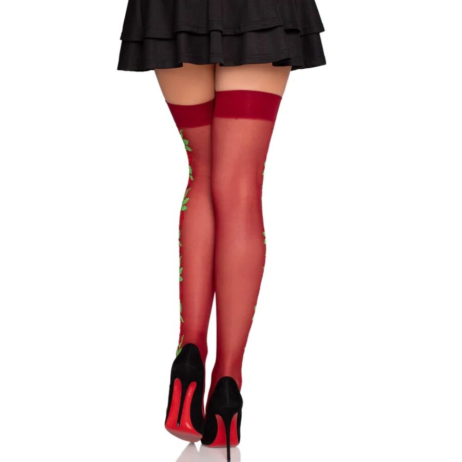 LEG AVENUE - RED FLORAL GARTER STOCKINGS 1957 - ONE SIZE