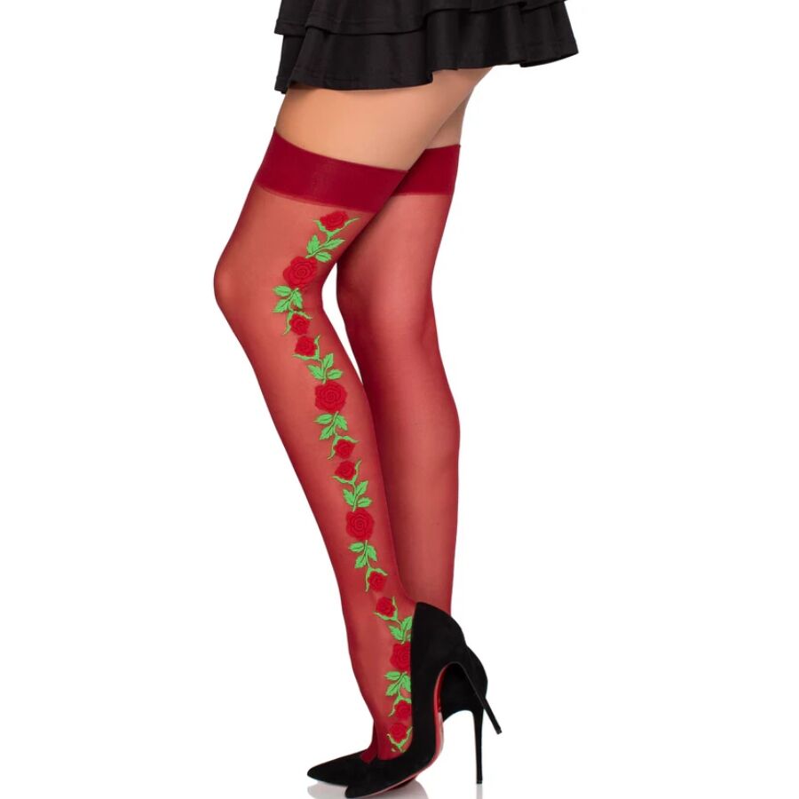 LEG AVENUE - RED FLORAL GARTER STOCKINGS 1957 - ONE SIZE