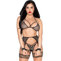 LEG AVENUE - 89362 TOP + THONG + GARTER BELT + HANDCUFFS SET BLACK - ONE SIZE
