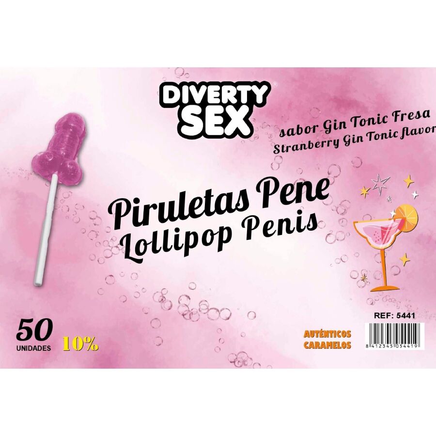 DIABLO GOLOSO - 50 GIN & TONIC PENIS-SHAPED LOLLIPOPS STRAWBERRY FLAVOR 10% ALCOHOL