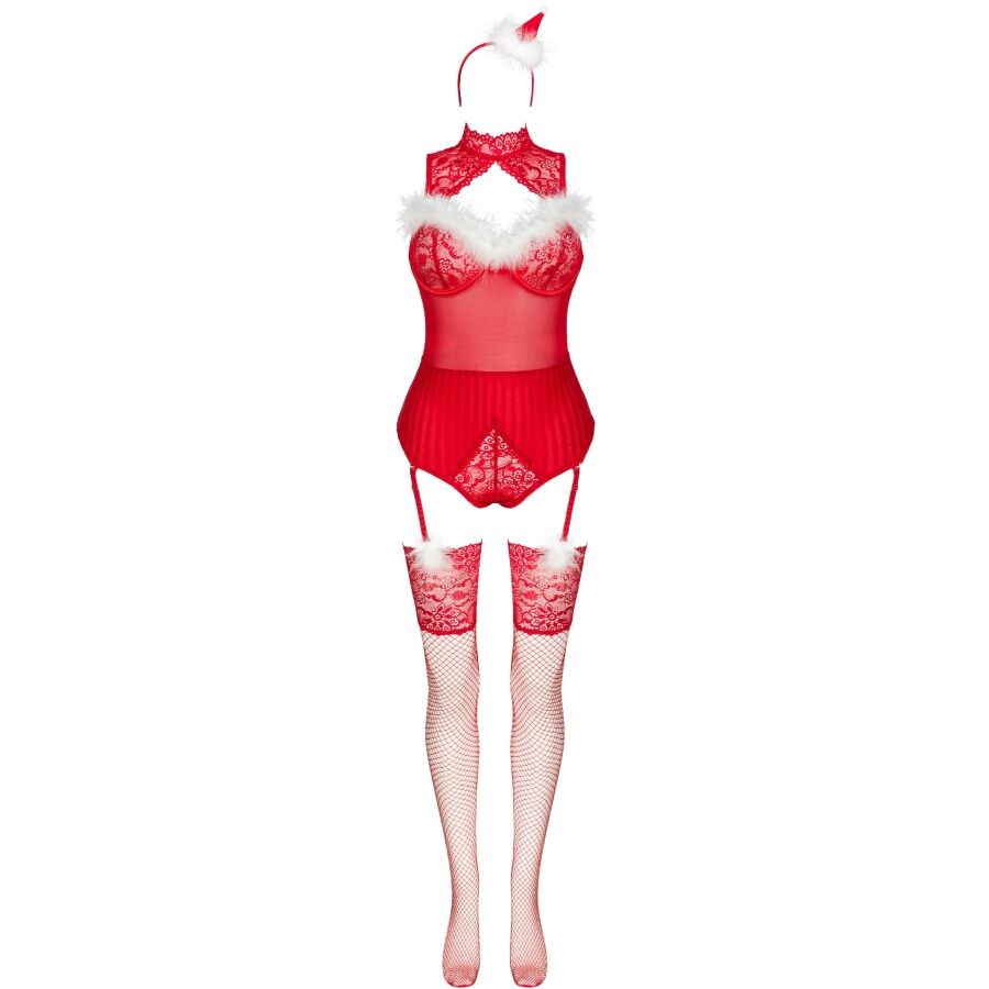 LIVCO CORSETTI FASHION - LIMPID SNOWFLAKES LC 90604 BODYSUIT + STOCKINGS + CHRISTMAS HEADBAND L/XL