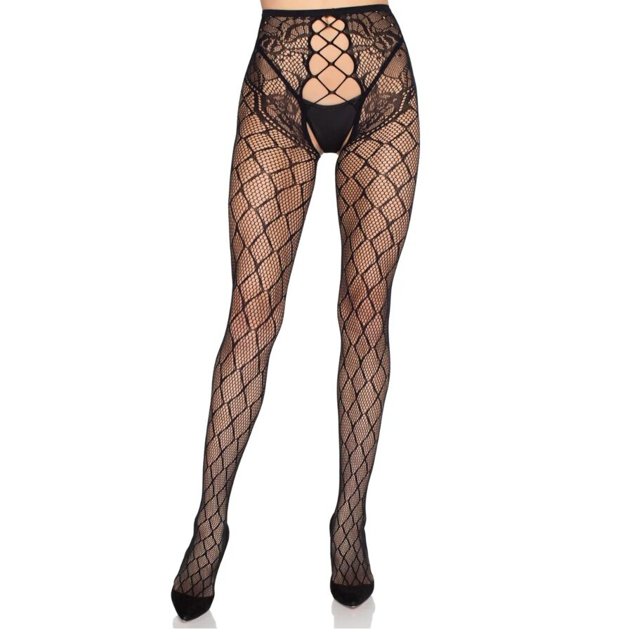 LEG AVENUE - 1966 FISHNET PANTYHOSE WITH CROTCHLESS PANTY BLACK - ONE SIZE