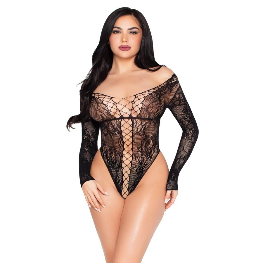 LEG AVENUE - 89370 BLACK FISHNET AND LACE TEDDY - ONE SIZE