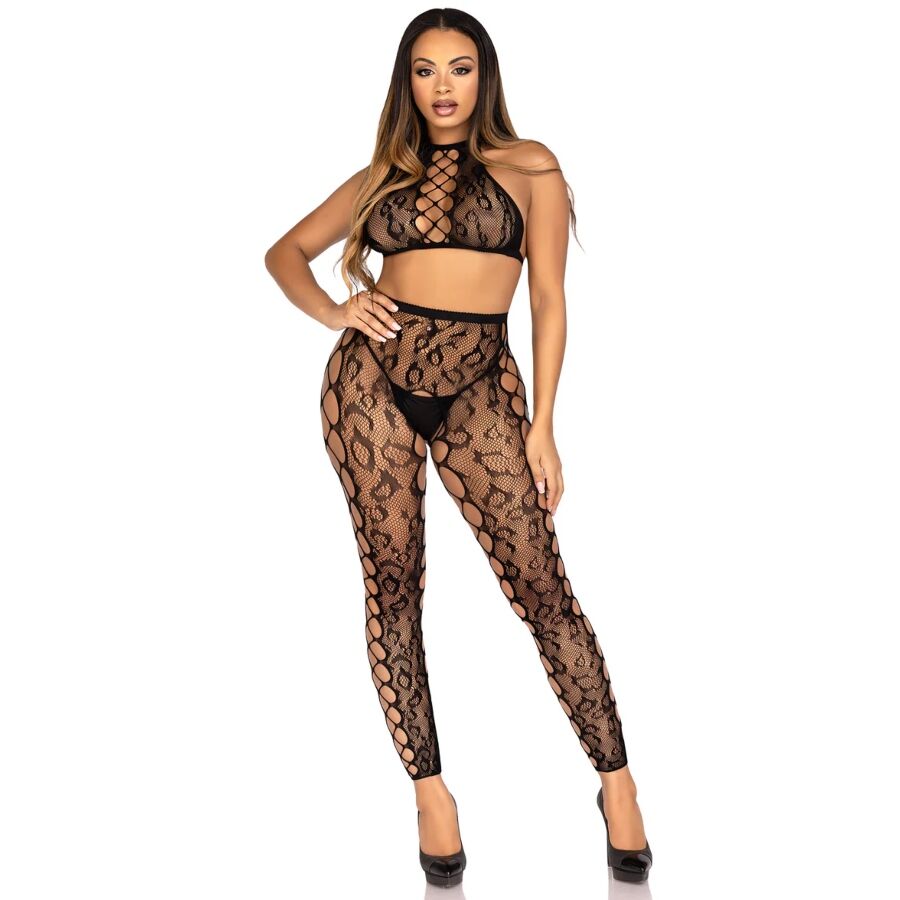 LEG AVENUE - 89372 BLACK CROP TOP AND CROTCHLESS TIGHTS - ONE SIZE