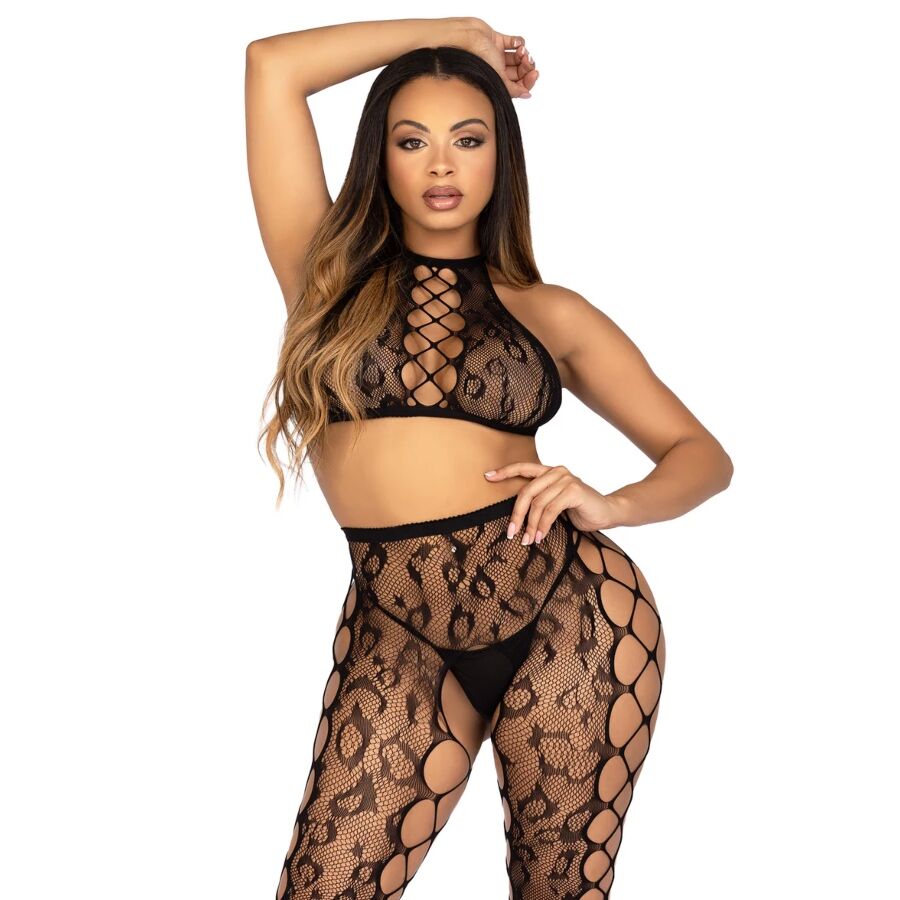 LEG AVENUE - 89372 BLACK CROP TOP AND CROTCHLESS TIGHTS - ONE SIZE