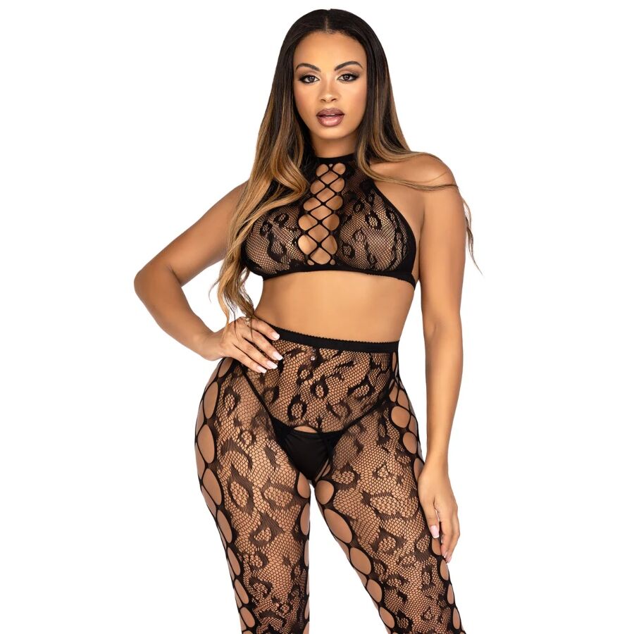 LEG AVENUE - 89372 BLACK CROP TOP AND CROTCHLESS TIGHTS - ONE SIZE