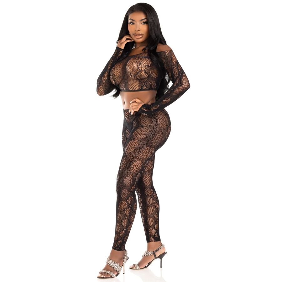LEG AVENUE - 89373 PYTHON CROP TOP AND BLACK FOOTLESS TIGHTS - ONE SIZE