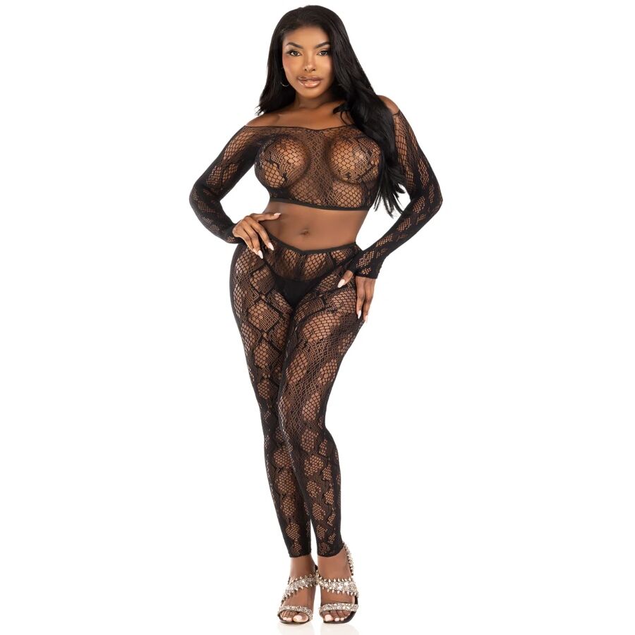 LEG AVENUE - 89373 PYTHON CROP TOP AND BLACK FOOTLESS TIGHTS - ONE SIZE