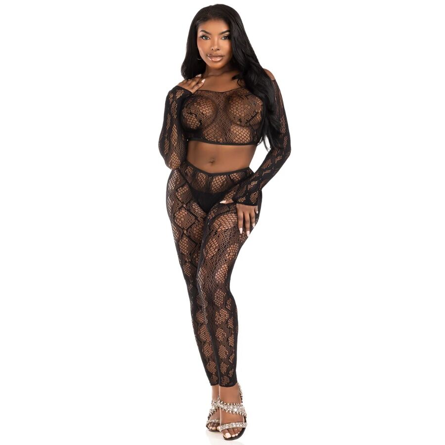 LEG AVENUE - 89373 PYTHON CROP TOP AND BLACK FOOTLESS TIGHTS - ONE SIZE