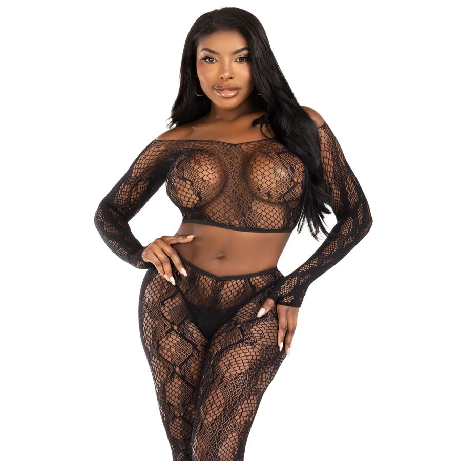 LEG AVENUE - 89373 PYTHON CROP TOP AND BLACK FOOTLESS TIGHTS - ONE SIZE