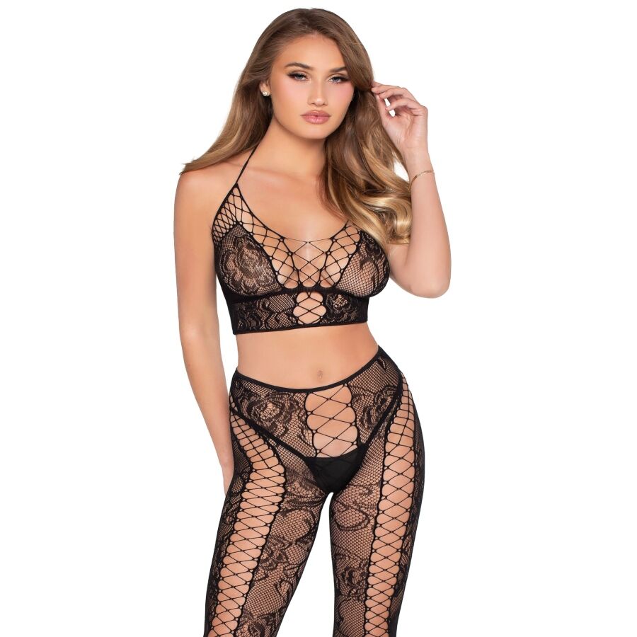 LEG AVENUE - 89368 LACE AND FISHNET CROP TOP AND TIGHTS SET - ONE SIZE