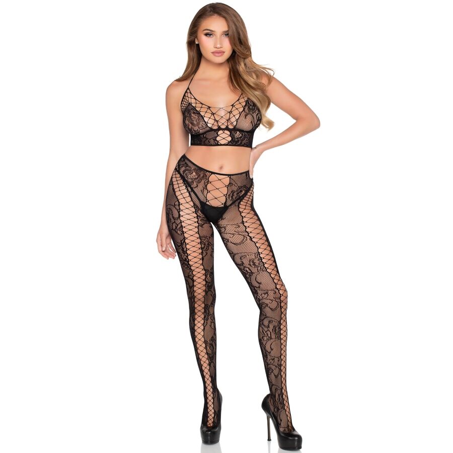 LEG AVENUE - 89368 LACE AND FISHNET CROP TOP AND TIGHTS SET - ONE SIZE