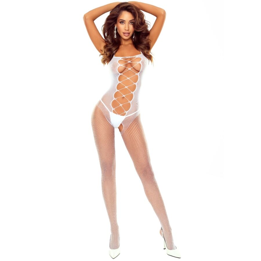 PASSION - BS124 LACE-UP WHITE BODYSTOCKING