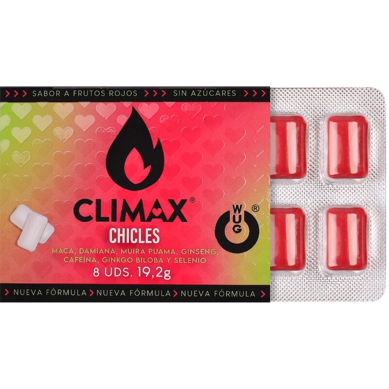 WUG Climax - Functional chewing gum with maca, damiana, and ginseng to stimulate desire and intimate vitality. 8-unit blister pack.