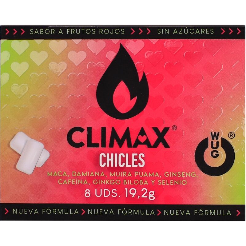 WUG Climax - Functional chewing gum with maca, damiana, and ginseng to stimulate desire and intimate vitality. 8-unit blister pack.