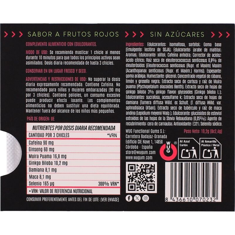 WUG Climax - Functional chewing gum with maca, damiana, and ginseng to stimulate desire and intimate vitality. 8-unit blister pack.
