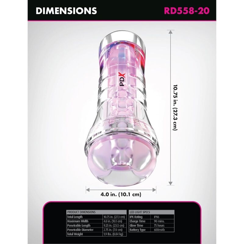 PDX ELITE - VIEWTUBE XXL TRANSPARENT LED STROKER 27.3 CM