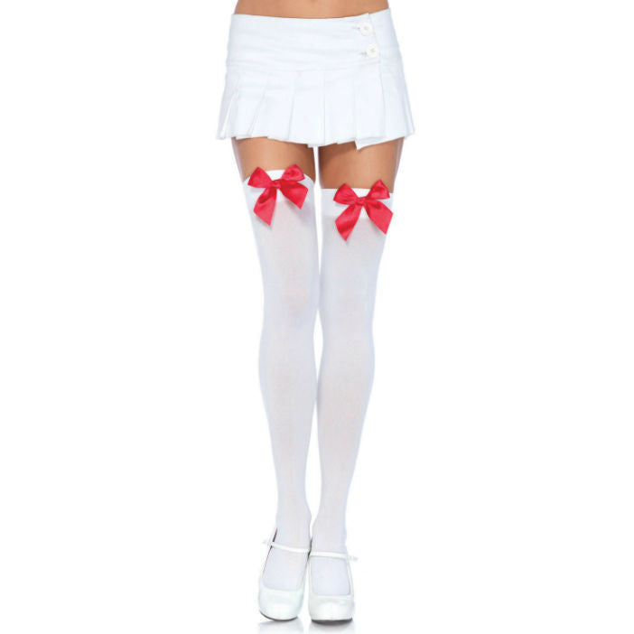 LEG AVENUE - NYLON THIGH-HIGHS WITH WHITE / RED BOW